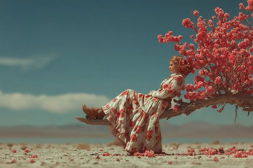 surrealistisch portret vrouw op boom