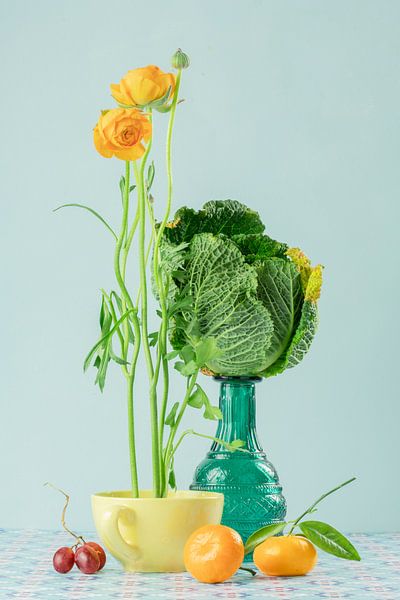 Still life with kale ranunculus and tangerine by Willy Sengers
