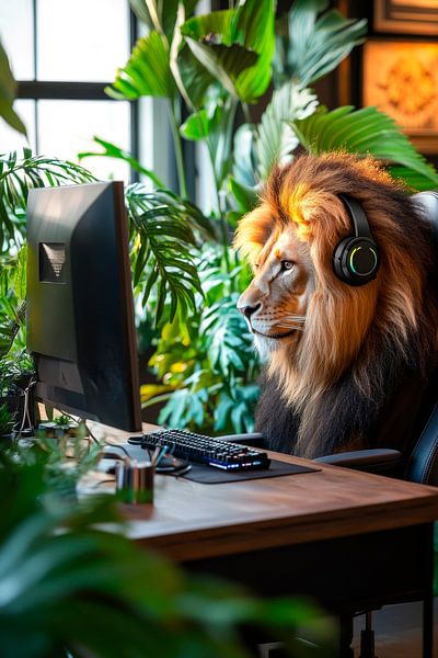 Der spielende Löwe am Computer von Poster Art Shop