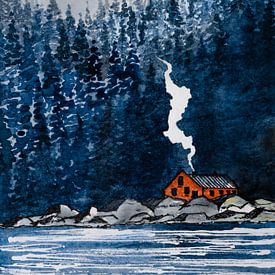 Rode Noorse huis | Kustlijn en Naaldbos  | Aquarel Schilderij van WatercolorWall