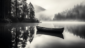Schwarz-Weiß-Bild mit See und Holzboot im Nebel mit hohen Bäumen im Hintergrund