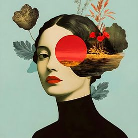 Surrealist Portrait - Woman with Flower Head, Abstract Art by But First Framing