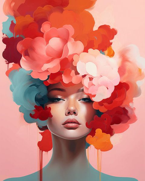 Modern and abstract portrait in pink, orange, red and blue by Carla Van Iersel