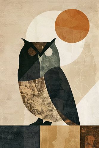 Hibou abstrait aux formes géométriques et aux tons neutres