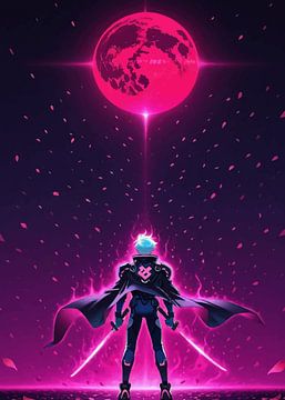 Mannelijke Anime krijger met dubbele zwaarden kijkt op naar Neon Moon van MIROKKU