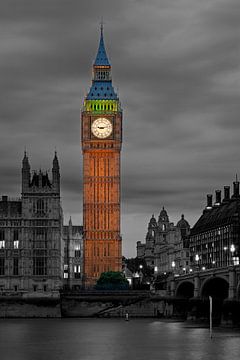 Night photograph Big Ben partly in black and white in London by Anton de Zeeuw