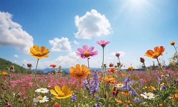 Een bloemenveld met een blauwe lucht op de achtergrond