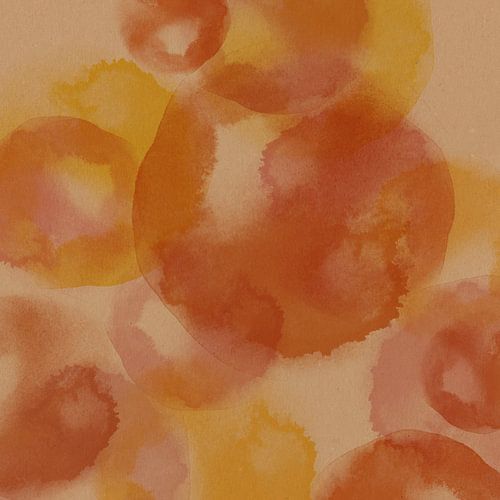 Abstracte aquarelvormen in geel en terra.