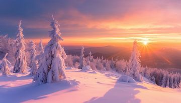 Uitgestrekt sneeuwlandschap bij zonsopgang van fernlichtsicht