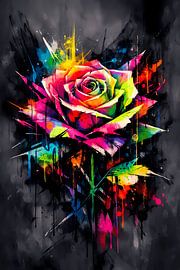 Romantisme néon dans un tourbillon de couleurs – Fresque murale abstraite représentant des roses dans le style street art sur ButterflyPix