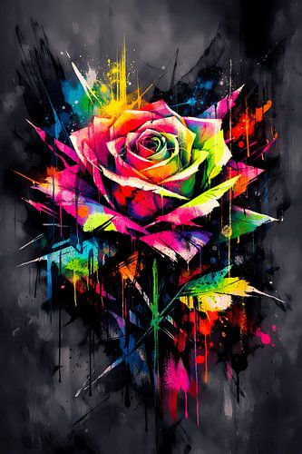 Neon-Romantik im Farbenrausch – Abstraktes Rosen-Wandbild im Street-Art-Stil