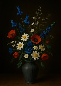 Stillleben Bausteine, Feldblumenstrauß