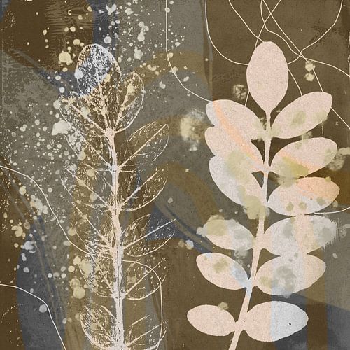 Feuilles botaniques abstraites et rétro en brun, taupe, gris, argent, beige.