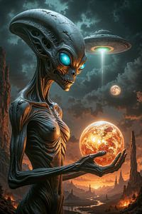 ANCIENT ALIENS - Alien avec globe lumineux sous le ciel des ovnis