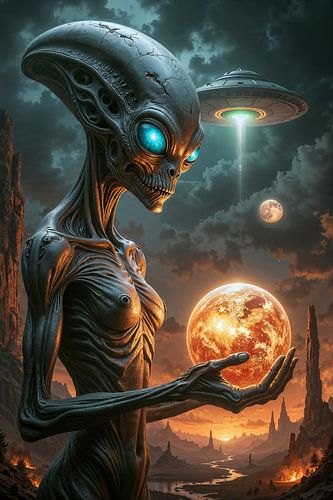 ANCIENT ALIENS - Alien met gloeiende bol onder de UFO-hemel