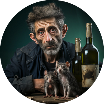 Oude alcoholist met ratten en een fles drank op tafel van Luc de Zeeuw