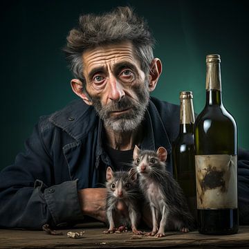 Oude alcoholist met ratten en een fles drank op tafel van Luc de Zeeuw