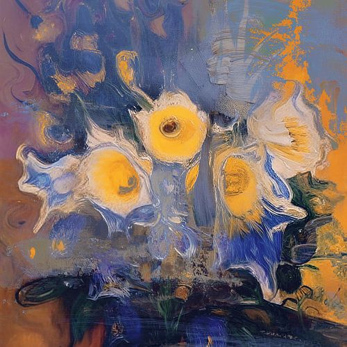 Yellow flowers and blue irises by Nop Briex