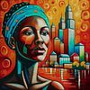 Stilisiertes Porträt einer Frau mit einer Stadt im Hintergrund von Jan Keteleer