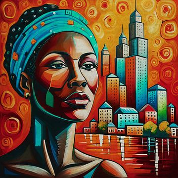 Stilisiertes Porträt einer Frau mit einer Stadt im Hintergrund