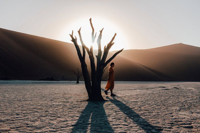 Vrouw in de Deadvlei van Sossusvlei Nationaal Park, Namibie van Maartje Kikkert