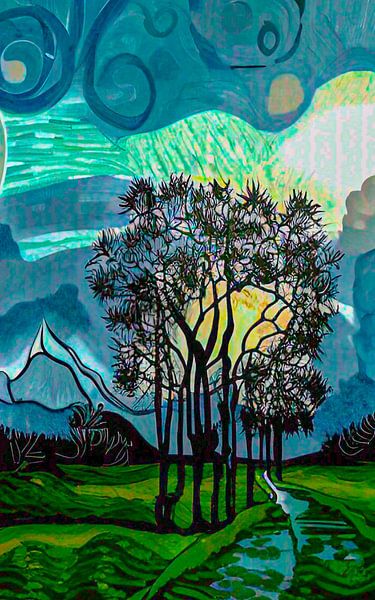 Gele zon door de bomen van Niek Traas