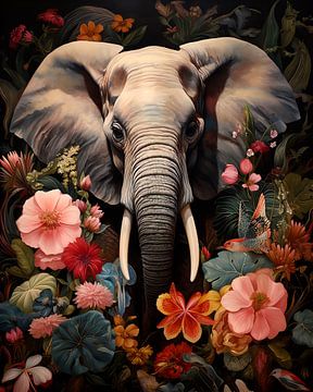 Elefant mit Blumen im Vordergrund von vanMuis