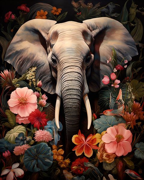 Éléphant avec des fleurs au premier plan par vanMuis