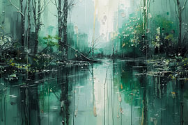 Smaragdgrüne Flusslandschaft mit goldenen Akzenten – Mystische Naturkunst XL
