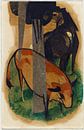 Rood paard en gele koe (zwart en bruin paard en gele koe) (1913) van Franz Marc van Peter Balan thumbnail