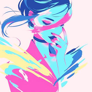 Neon art portret – krachtig en kleurrijk vrouwelijk gezicht op roze achtergrond van Karina Brouwer