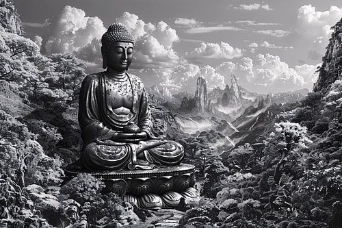 Serene Boeddha in monochroom berglandschap