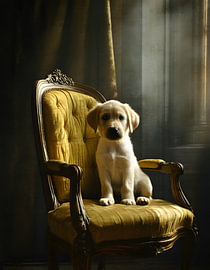 Chiot labrador baigné d'une douce lumière sur un fauteuil jaune - Photoréaliste