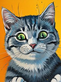 Painting of Gray Tabby Cat with Green Eyes on Orange Background by Markus Gann