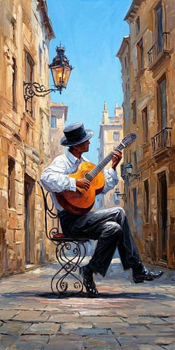 Street Musician Playing Acoustic Guitar in an European Alleyway