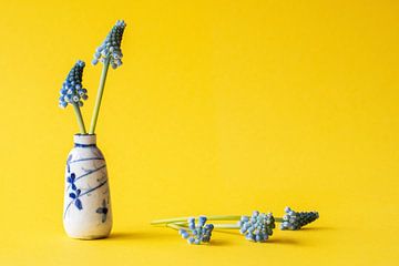 Antiek chinees vaasje met blauwe druifjes tegen een gele achtergrond van Marjolein Hameleers