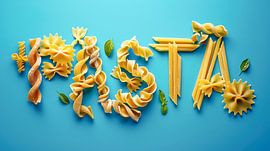 Pasta typography made of various noodle types on blue background by Annabell Gsödl
