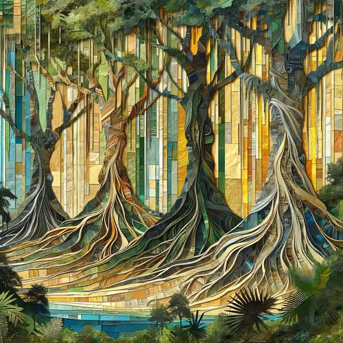 Collage 4 fromager-bomen, kapokbomen in Afrika