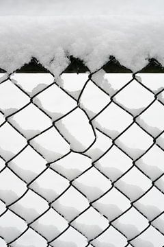 Minimalisme in het wit: sneeuw op een hek van Marjolijn van den Berg