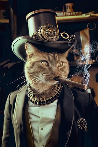 Steampunk-Kater in Koperen Zolderkamer: Een Meesterwerk van Industriële Elegantie