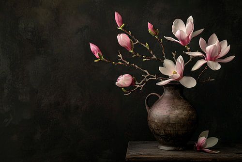 Antieke Vaas met Bloeiende Magnolia Tak