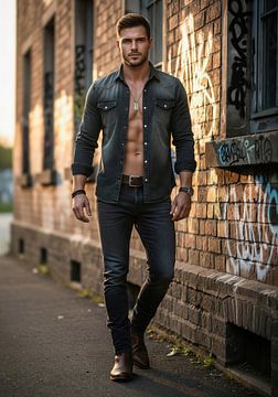 Man in denim shirt en spijkerbroek wandelend langs graffiti muur van Markus Gann