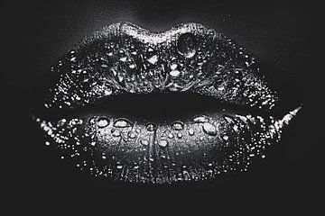Close-up van glinsterende lippen in zwart en wit van De Muurdecoratie