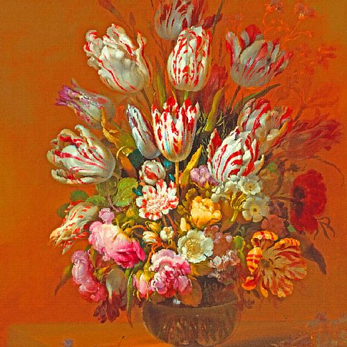 stilleven met bloemen oranje achtergrond