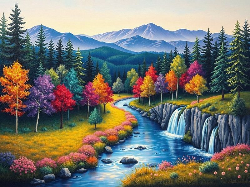 La forêt enchantée de l'arc-en-ciel : Un paysage serein avec des cascades et des arbres d'automne vibrants par Artistic