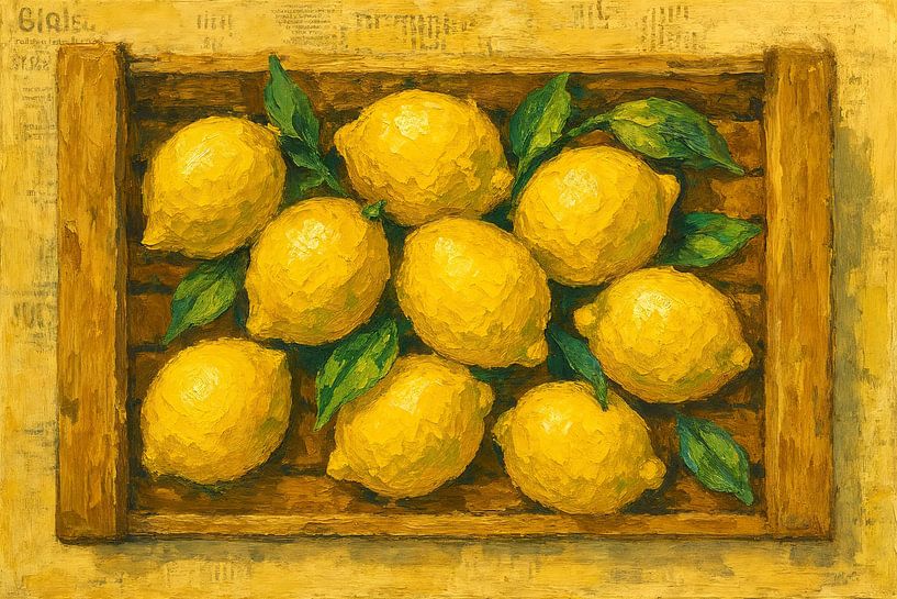 Frisch gepflückte Zitronen in einer Holzkiste (AI) (frisch, farbenfroh, fruchtig, sommerlich, auffallend) von Natalie Bruns