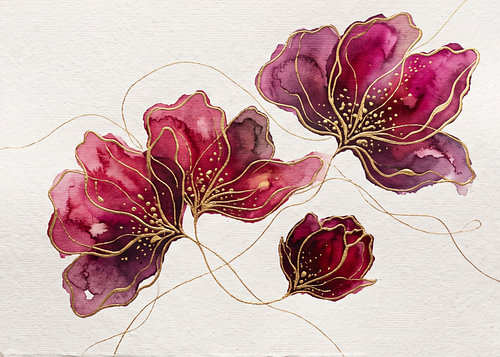 Flüstern von Magenta und Gold – botanische Malerei