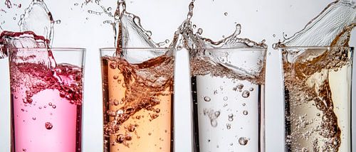 Spritzendes Wasser in bunten Gläsern