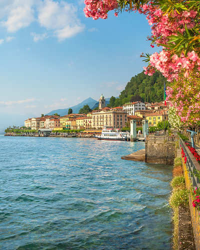 Bellagio Waterfront and Lake Como View with Flowers