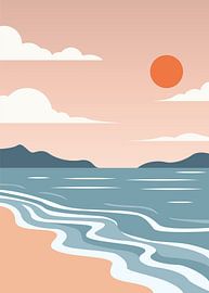 minimalist nature coastal landscape illustrations of ocean waves beach and sun in dusty pink tones.